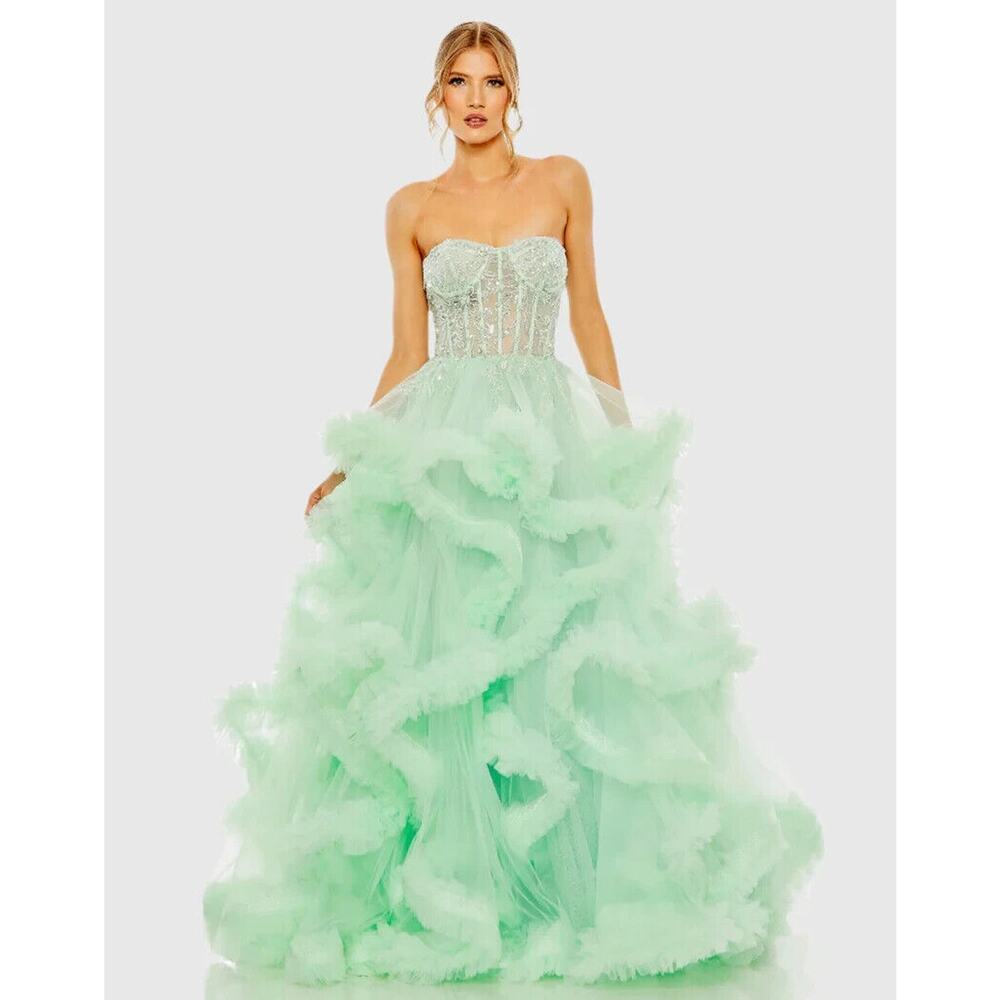 NEW MAC DUGGAL 20542‎ STRAPLESS CORSET DETAIL TULLE LAYERED GOWN AQUA $998 SZ 6